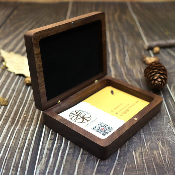 Solid Wood Black Walnut Flip Business Card Case Geometric Pattern Portable Card And Membership Card Storage Box Wooden Card Holder And Packing Box