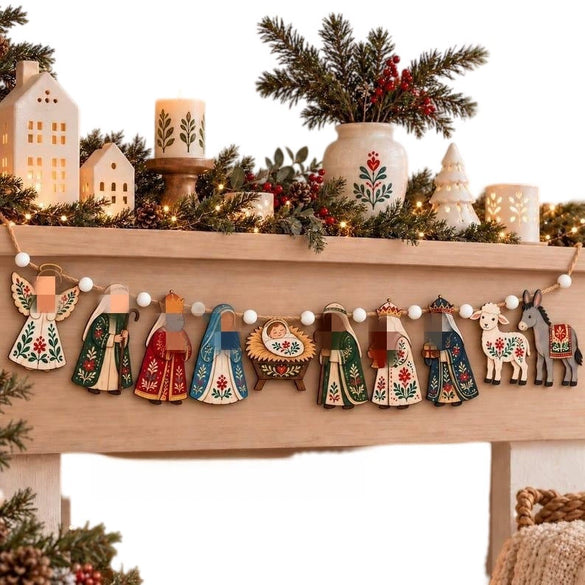 Solid Wood Christmas Advent Scene Decoration With Printed Figurine Design Decorative Wreath And Staircase Ornament