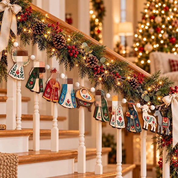 Solid Wood Christmas Advent Scene Decoration With Printed Figurine Design Decorative Wreath And Staircase Ornament
