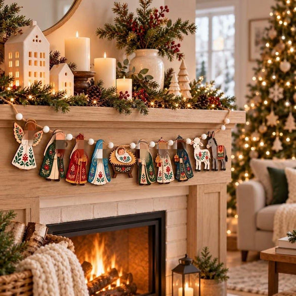 Solid Wood Christmas Advent Scene Decoration With Printed Figurine Design Decorative Wreath And Staircase Ornament