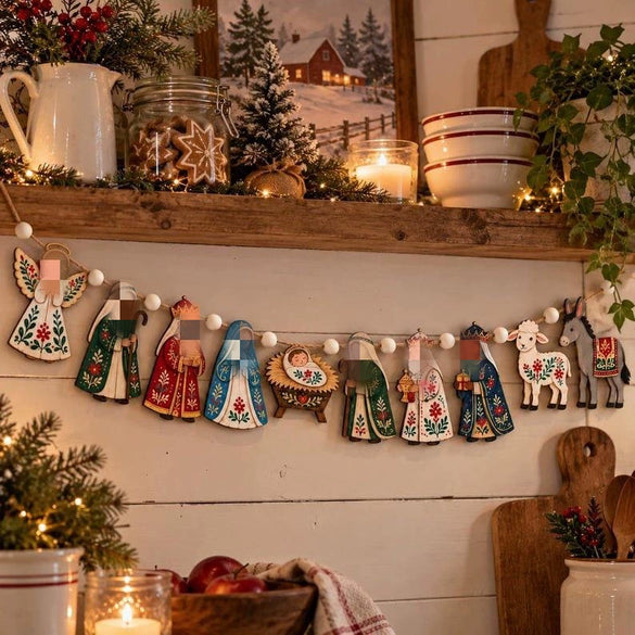 Solid Wood Christmas Advent Scene Decoration With Printed Figurine Design Decorative Wreath And Staircase Ornament