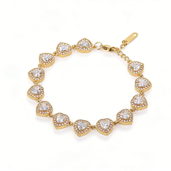 Sparkling Zircon Heart Patchwork Stainless Steel Necklace And Bracelet Set For Women Electroplated Heart Pattern Jewelry