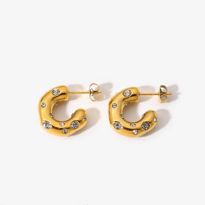 Special-shaped Hammer Pattern Inlaid Zirconium C-shaped Earrings 18k Gold-plated Stainless Steel Earrings