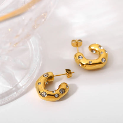 Special-shaped Hammer Pattern Inlaid Zirconium C-shaped Earrings 18k Gold-plated Stainless Steel Earrings