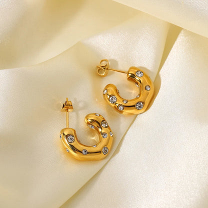 Special-shaped Hammer Pattern Inlaid Zirconium C-shaped Earrings 18k Gold-plated Stainless Steel Earrings