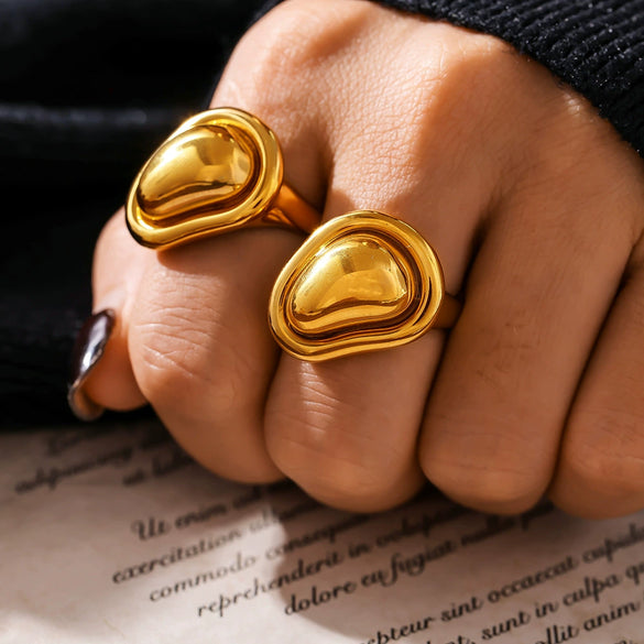 Special Shaped Small Golden Bean Ring Titanium Steel 18K Gold Plated Geometric Pattern Open Cast Adjustable Ring For Women