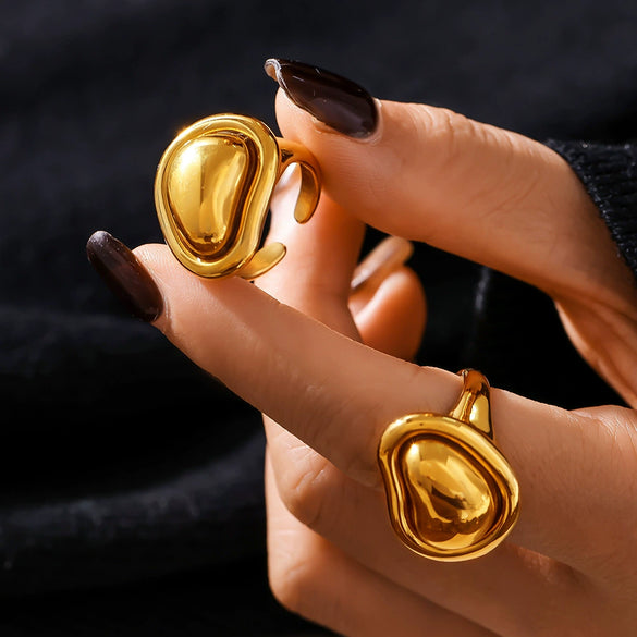 Special Shaped Small Golden Bean Ring Titanium Steel 18K Gold Plated Geometric Pattern Open Cast Adjustable Ring For Women