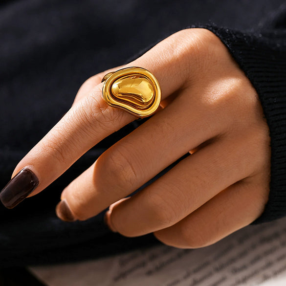 Special Shaped Small Golden Bean Ring Titanium Steel 18K Gold Plated Geometric Pattern Open Cast Adjustable Ring For Women