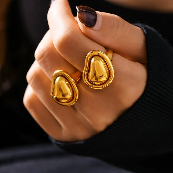 Special Shaped Small Golden Bean Ring Titanium Steel 18K Gold Plated Geometric Pattern Open Cast Adjustable Ring For Women