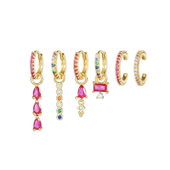 Spice Girl Color Zircon Geometric Copper 18K Gold Plated Ring Ear Buckle Spike Pendant For Women