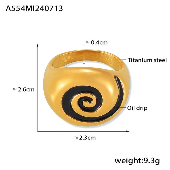 Spiral Pattern Oil Drop Titanium Steel 18K Gold Plated Finger Ring For Women With Electroplating Process Retro Ins Style Niche Design