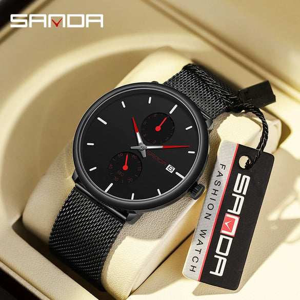 Sports Belt Quartz Watch For Men Zinc Alloy Case Mesh Band Stainless Steel Clasp Mineral Strengthened Glass Mirror Round Dial Waterproof Leisure Style
