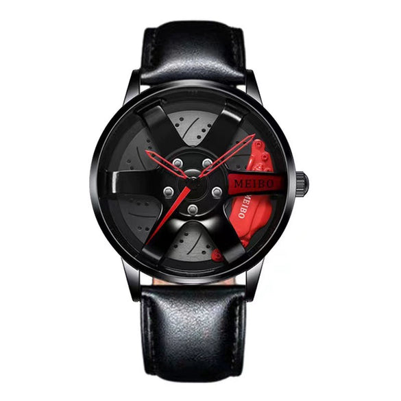 Sports Car Wheel Belt Quartz Watch For Men Alloy Case Imitation Leather Strap Stainless Steel Buckle Round Dial Leisure Style