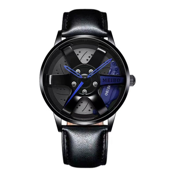 Sports Car Wheel Belt Quartz Watch For Men Alloy Case Imitation Leather Strap Stainless Steel Buckle Round Dial Leisure Style