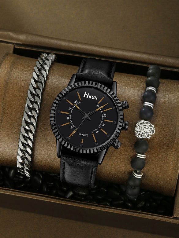 Sports Leisure Gear Dial Belt Quartz Watch Beaded Bracelet Alloy Case Imitation Leather Strap Round Dial Fashion Style