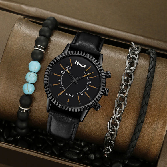 Sports Leisure Gear Dial Belt Quartz Watch Beaded Bracelet Alloy Case Imitation Leather Strap Round Dial Fashion Style