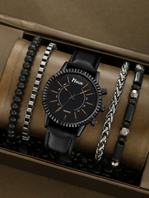 Sports Leisure Gear Dial Belt Quartz Watch Beaded Bracelet Alloy Case Imitation Leather Strap Round Dial Fashion Style
