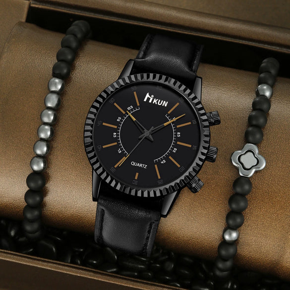Sports Leisure Gear Dial Belt Quartz Watch Beaded Bracelet Alloy Case Imitation Leather Strap Round Dial Fashion Style