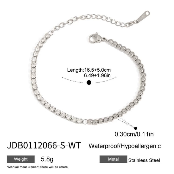 Sports Leisure Stainless Steel White Zircon Bead Chain Tennis Bracelet With Geometric Pattern Electroplated For Women