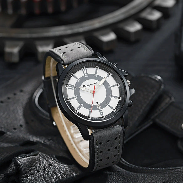 Sports Men's Quartz Watch Alloy Case Imitation Leather Strap Stainless Steel Buckle Round Dial