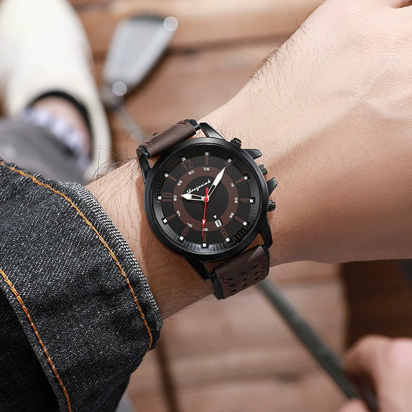 Sports Men's Quartz Watch Alloy Case Imitation Leather Strap Stainless Steel Buckle Round Dial