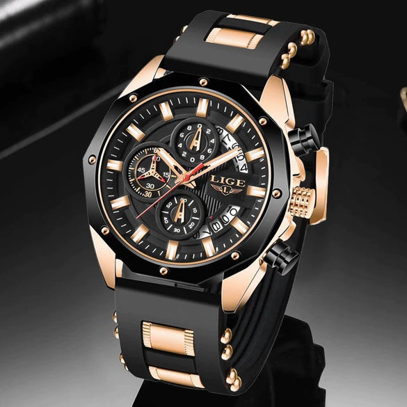 Sports Quartz Watch Alloy Case Silicone Strap Stainless Steel Clasp Round Dial For Adults