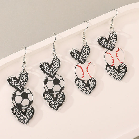 Sports Series Acrylic Heart Shape Printed Electroplated Earrings For Women