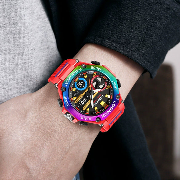 Sports Watch Abs Alloy Case Pu Strap High Transparent Resin Mirror Round Dial Geometric Style Multifunctional Luminous