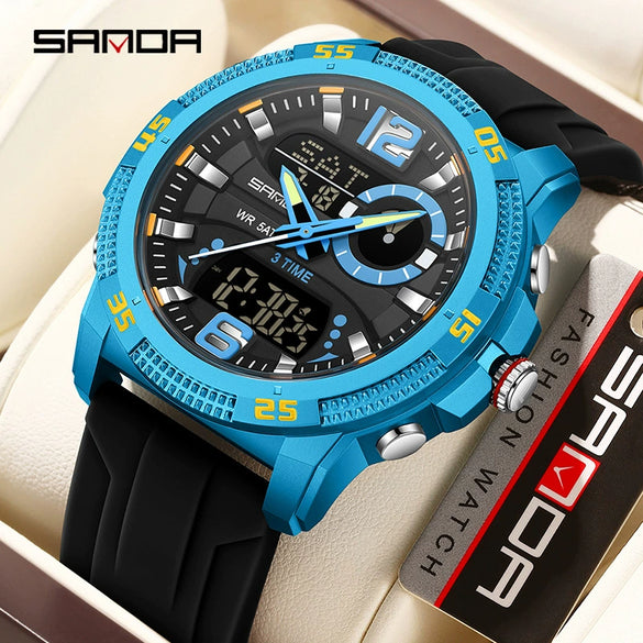 Sports Watch Dual Display Multifunction Luminous Digital Alarm Clock Silicone Strap Abs Case Acrylic Mirror Round Dial For Male And Female Students