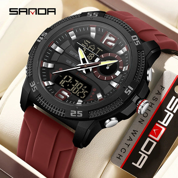 Sports Watch Dual Display Multifunction Luminous Digital Alarm Clock Silicone Strap Abs Case Acrylic Mirror Round Dial For Male And Female Students