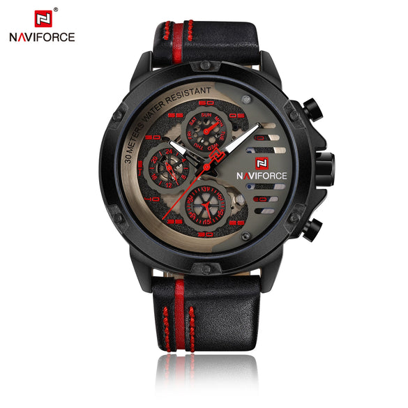 Sports Watch Genuine Leather Strap Metal Case Stainless Steel Clasp Quartz Calendar Week Luminous Waterproof Round Dial Men's Fashion
