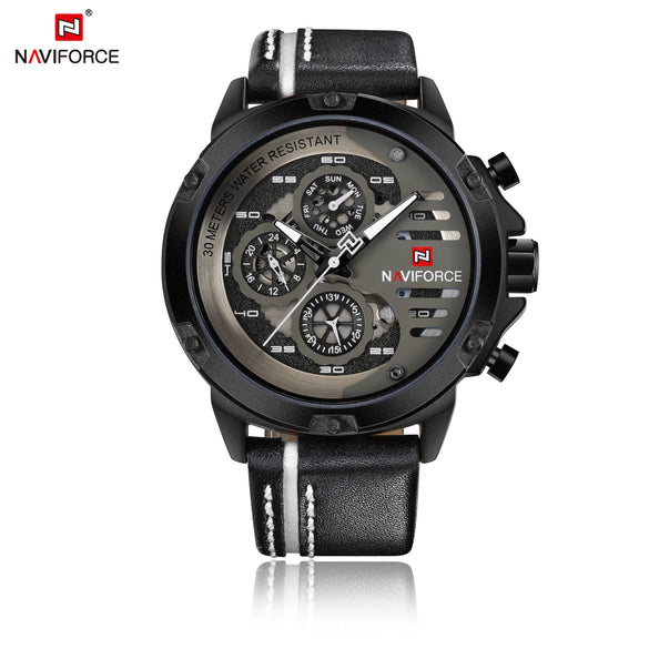 Sports Watch Genuine Leather Strap Metal Case Stainless Steel Clasp Quartz Calendar Week Luminous Waterproof Round Dial Men's Fashion