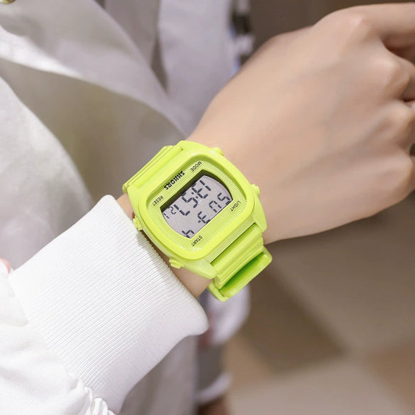 Sports Watch Plastic Silicone Stainless Steel Square Rectangle Luminous Electronic Alarm Couple Watch For Middle School Students