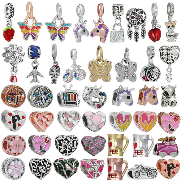 Spring Style Colorful Butterfly Plant Flower Crystal Beaded Pendant Metal Electroplated Totem Design Diy Bracelet Jewelry Accessories