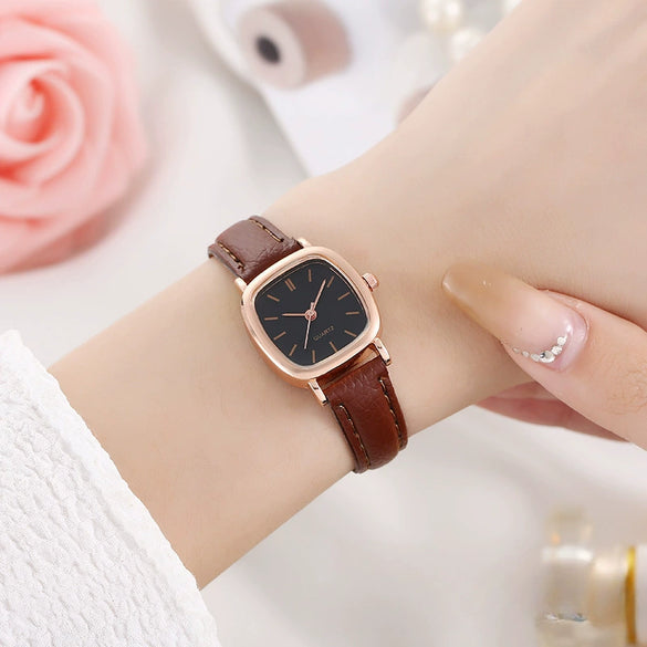 Square Alloy Case Imitation Leather Strap Quartz Watch For Girls Simple Elegant And Leisure Style