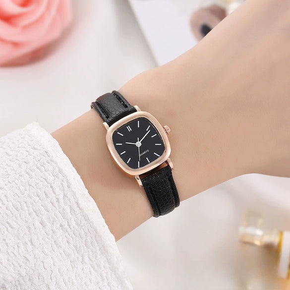 Square Alloy Case Imitation Leather Strap Quartz Watch For Girls Simple Elegant And Leisure Style