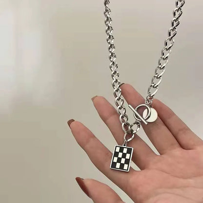 Square Black And White Checkerboard Pendant Alloy Necklace Fashion