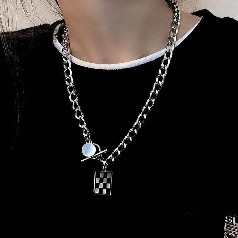 Square Black And White Checkerboard Pendant Alloy Necklace Fashion