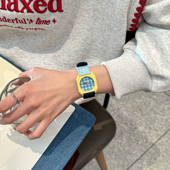 Square Casual Alloy Textile And Stainless Steel Watch With Spiral Crown And Mineral Reinforced Mirror For Students