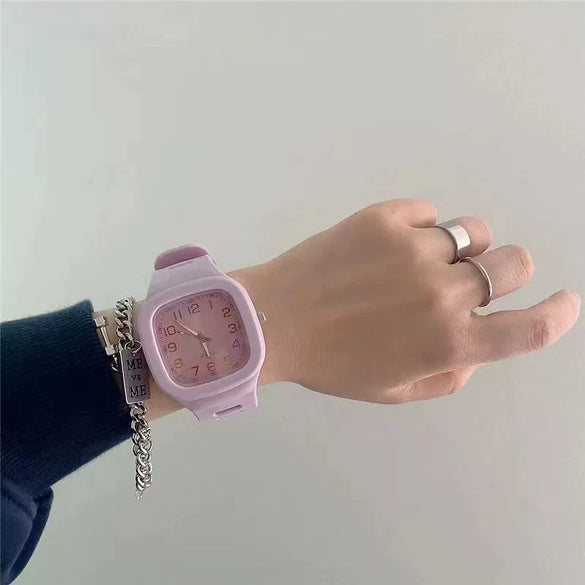 Square Casual Plastic And Silicone Fashion Student Sports Watch