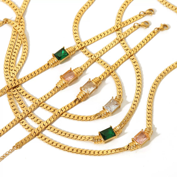 Square Color Zircon Jewelry Set Stainless Steel Geometric Light Luxury Electroplated Necklace And Bracelet For Women