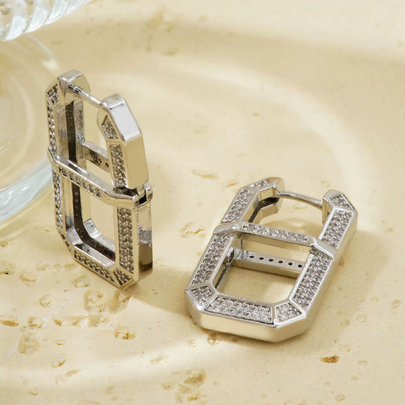 Square Copper Inlaid Zircon Geometric U Shaped Electroplated Earrings For Women
