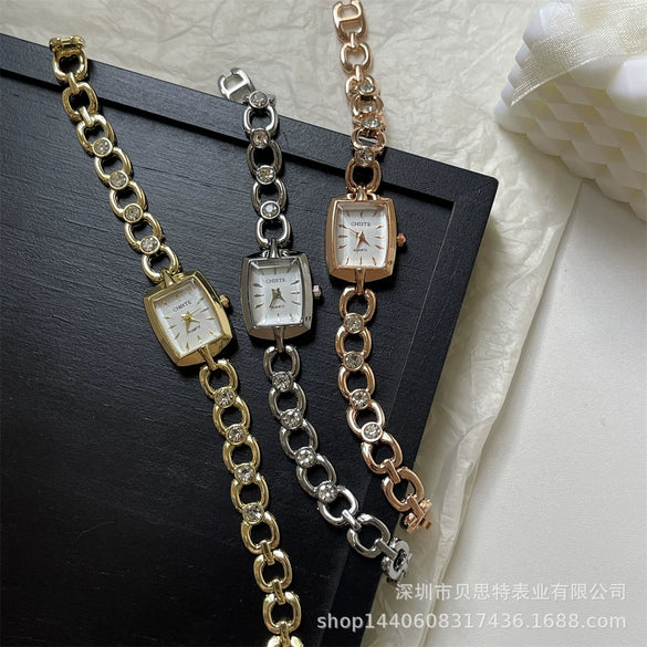 Square Diamond Bracelet Watch For Women Alloy Case Ordinary Glass Mirror Medieval Style