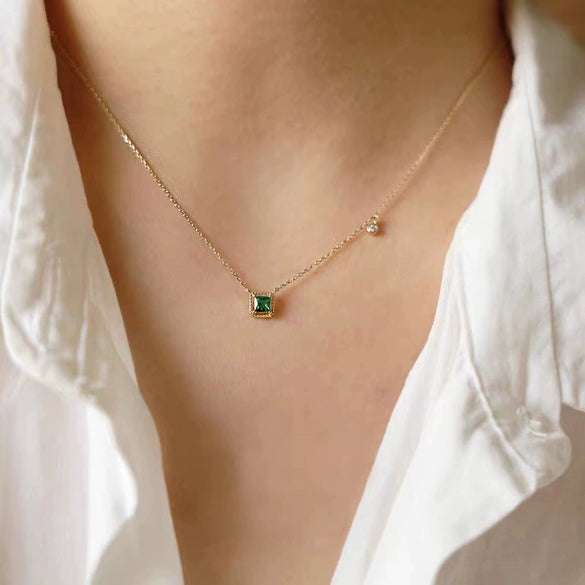 Square Emerald Sterling Silver Necklace With Diamond And Goldplated Geometric Style For Women