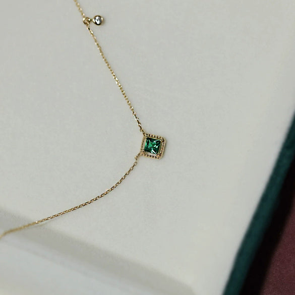 Square Emerald Sterling Silver Necklace With Diamond And Goldplated Geometric Style For Women
