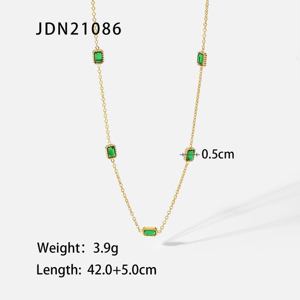 Square Emerald Zircon Light Luxury Niche High Grade Titanium Steel And Stainless Steel Clavicle Chain Necklace Bracelet With Electroplating For Women Geometric Pattern