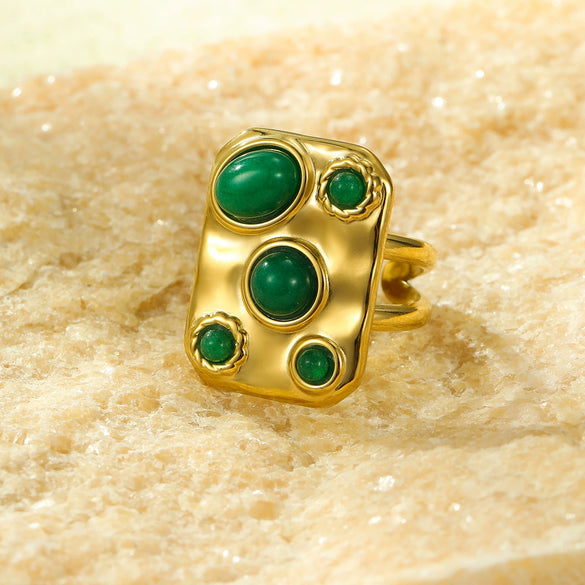 Square Geometric Natural Stone Stainless Steel Electroplated Fashion Ring