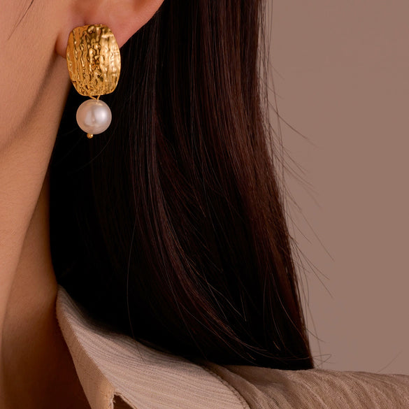 Square Geometric Pattern Stainless Steel Inlaid Freshwater Pearl Vintage Electroplated Women's Earrings