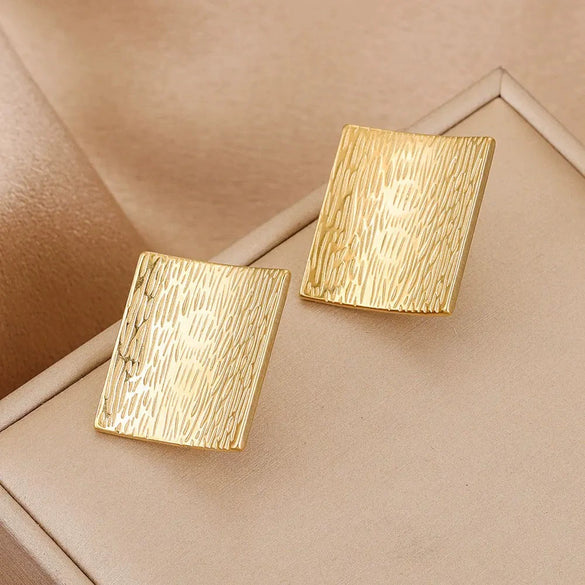 Square Geometric Texture Gold Electroplating Hirback Pattern Metal Earrings