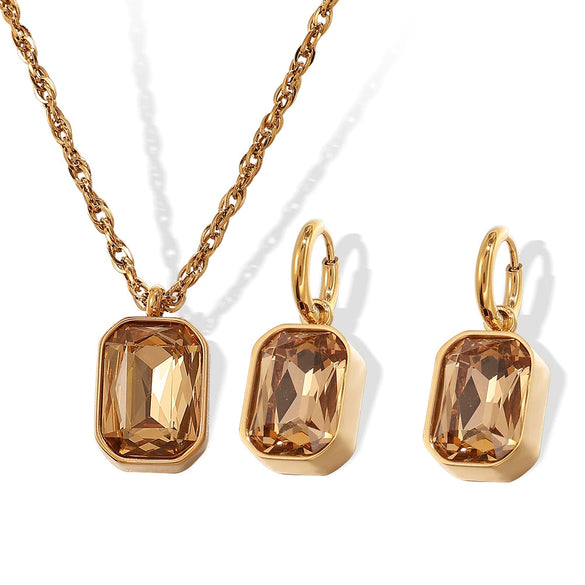 Square Glass Glazed Inlay Jewelry Earrings Necklace For Women Stainless Steel Fashion Geometric Style